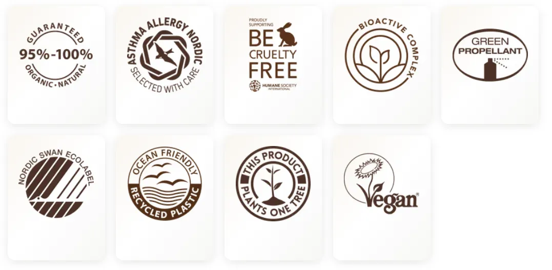 Natulique Zertifikate: 95-100% Bio, Asthma Allergy Nordic, Cruelty Free, BioActive Complex, Green Propellant, Nordic Swan Ecolabel, Ocean Friendly Recycled Plastic, Plants One Tree, Vegan