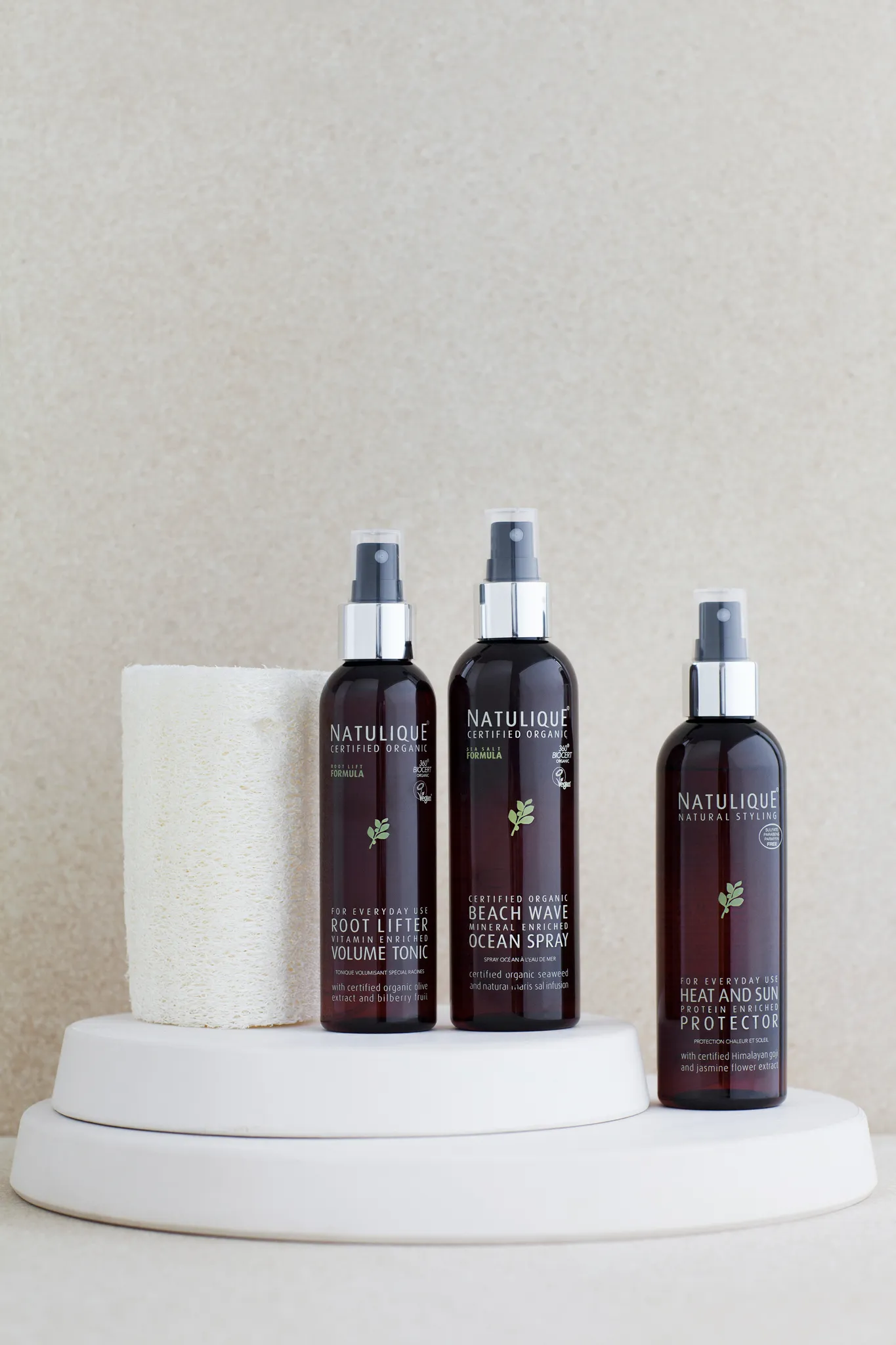 Natulique Root Lifter, Beach Wave Ocean Spray e Heat and Sun Protector sin podests alvs