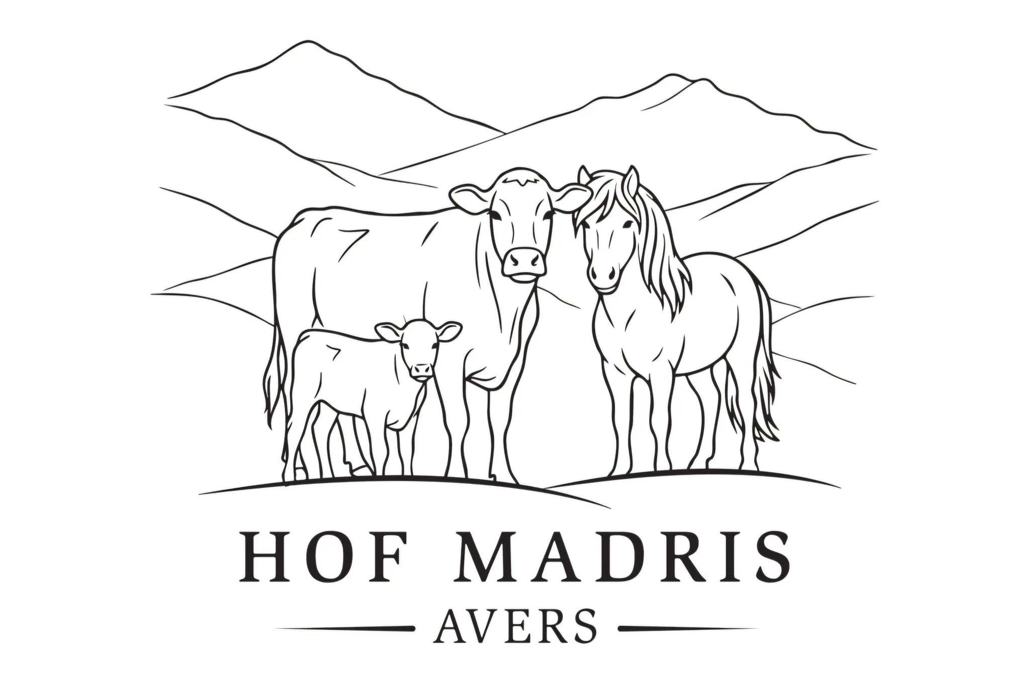 Logo Hof Madris Avers: Kuh mit Kalb und Pferd vor Bergen