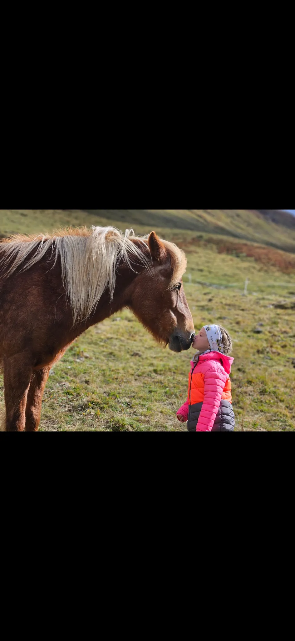 Larina streichelt auf der Alp ein liegendes Pferd