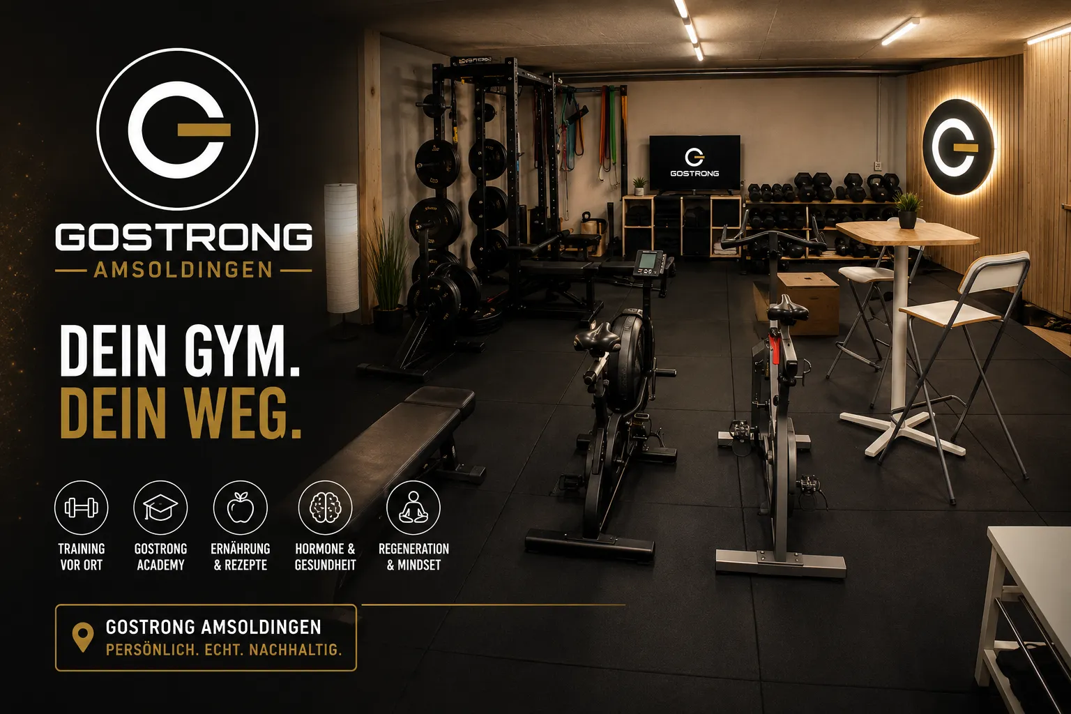 Blick in den GoStrong Trainingsraum in Amsoldingen mit Kraftgeräten und viel Holz